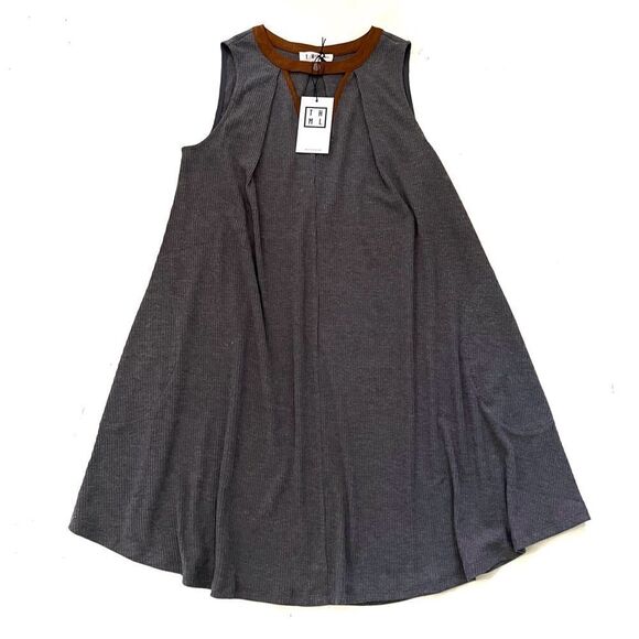 THML Tunic Dress Suede Trim Women S Small Gray Ribbed Keyhole Pockets - Picture 1 of 5